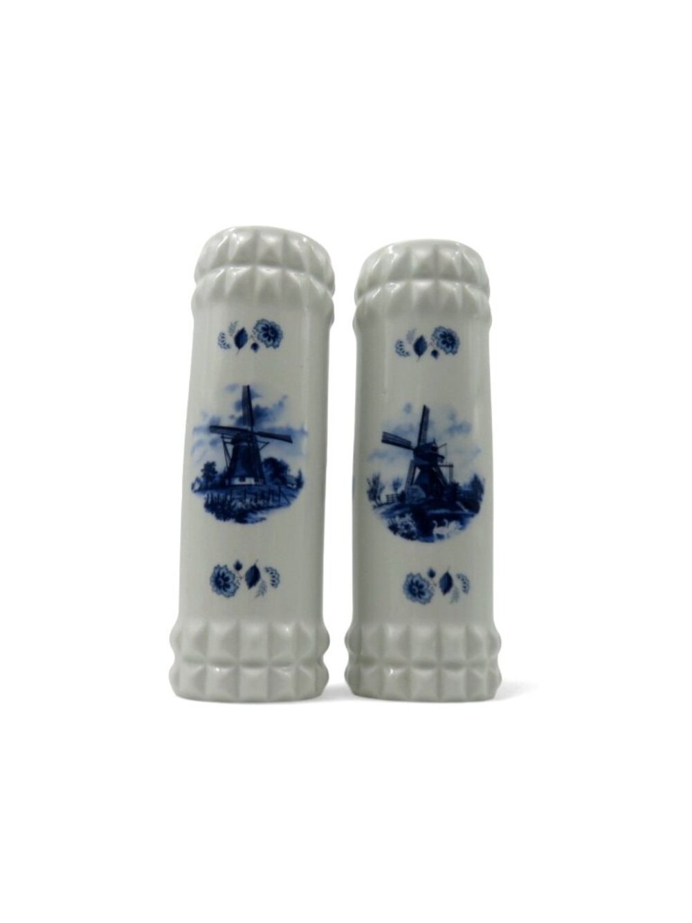 Delft Blue Pair Windmill Vases Holland Hand Painted Ceramic Vintage 9"